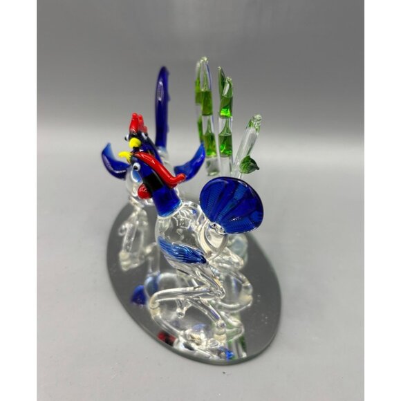 Hand Blown Glass Rooster Figurines Mirror Base Colorful Display‎ - Picture 5 of 9